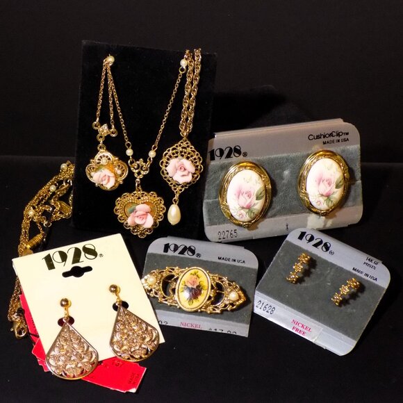 Lot of 7 New 1928 Floral Brooch Necklaces & Clip-On Hoop Drop Earrings Bundle